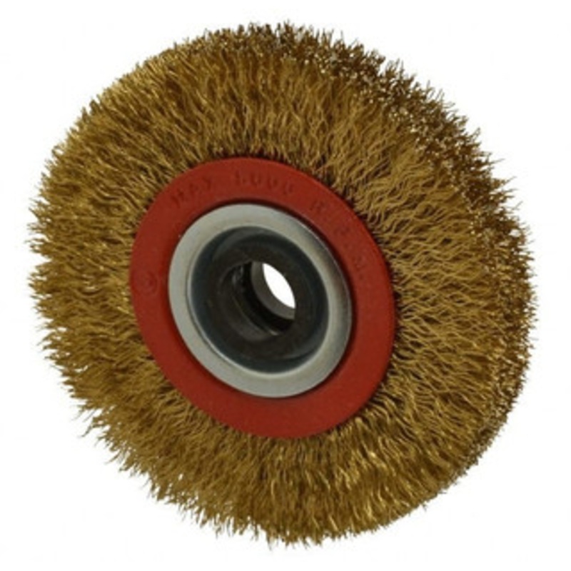 Value Collection 4 OD, 3/4 Arbor Hole, Crimped Brass-Coated Steel Wheel Brush 3/4 Face Width, 11/16 Trim Length, 0.012 Filament Diam, 8,000 RPM S04064739 – 04064739