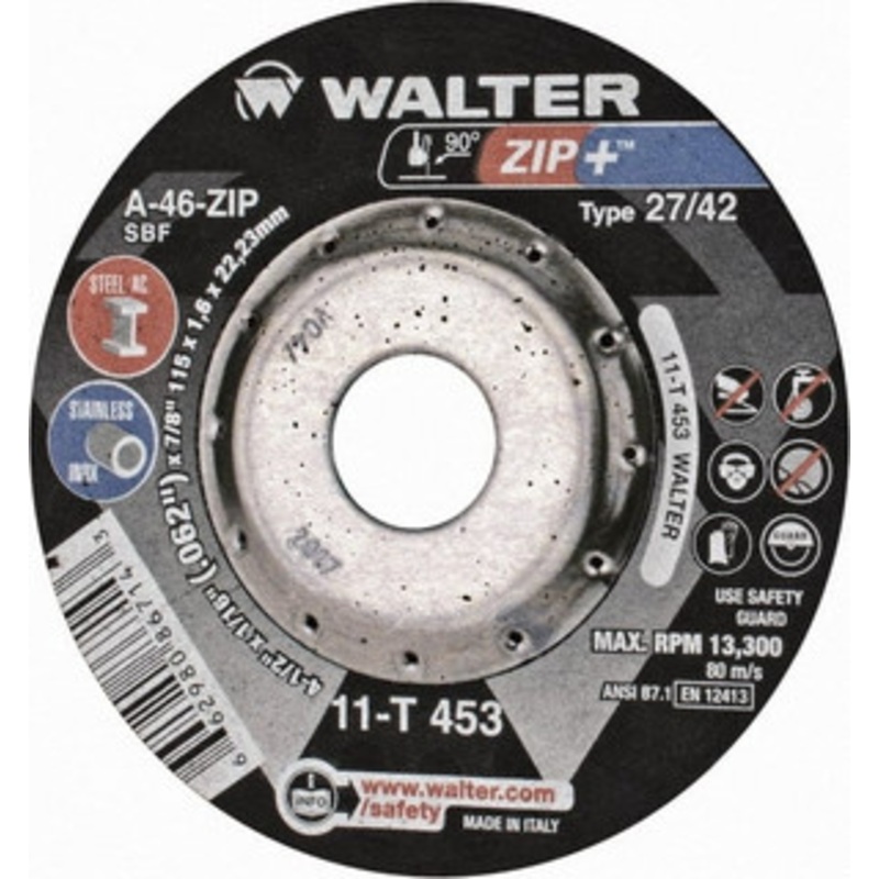 Walter Surface Technologies 4-1/2 Wheel Diam, 1/16 Wheel Thickness, 7/8 Arbor Hole, Depressed Center Wheel Aluminum Oxide/Silicon Carbide Blend, 13,300 Max RPM 11T453 – 63231708