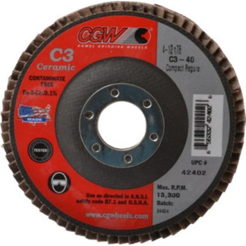 CGW Abrasives 4-1/2 40 Grit 7/8 Center Hole Ceramic Flap Disc Coarse Grade, Coated, Arbor Attachment, Polyester Backing, 13,300 RPM 42402 – 63009609