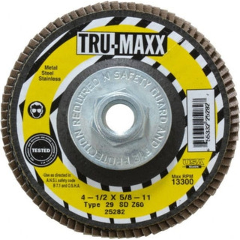 Tru-Maxx 4-1/2 60 Grit 5/8-11 Center Hole Type 29 Zirconia Alumina Flap Disc Medium Grade, Coated, Arbor Attachment, 13,300 RPM 25282 – 86779857