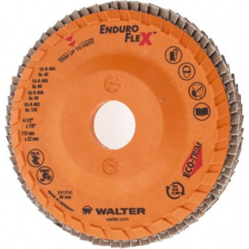 Walter Surface Technologies 4-1/2 40 Grit 7/8 Center Hole Zirconia Alumina Flap Disc Coarse Grade, Coated, Arbor Attachment, Plastic Backing, 13,300 RPM 15R454 – 94356979