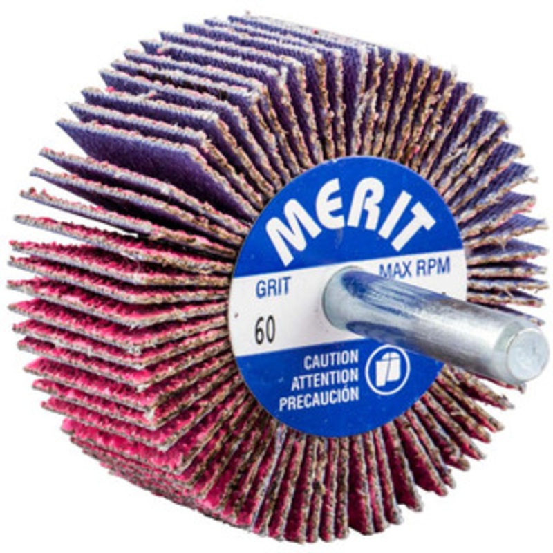 Merit Abrasives Mounted Flap Wheels, Abrasive Type: Coated, Outside Diameter (Inch): 2, Face Width (Inch): 1, Abrasive Material: Ceramic, Grade: Coarse, Grit: 60 69957339706 – 90761024