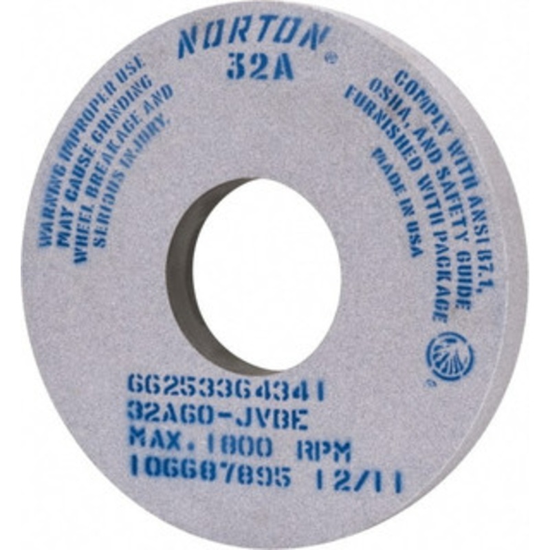 Norton 14 Diam x 5 Hole x 1-1/2 Thick, J Hardness, 60 Grit Surface Grinding Wheel Aluminum Oxide, Type 1, Medium Grade, 1,800 Max RPM, Vitrified Bond 66253364341 – 88907225