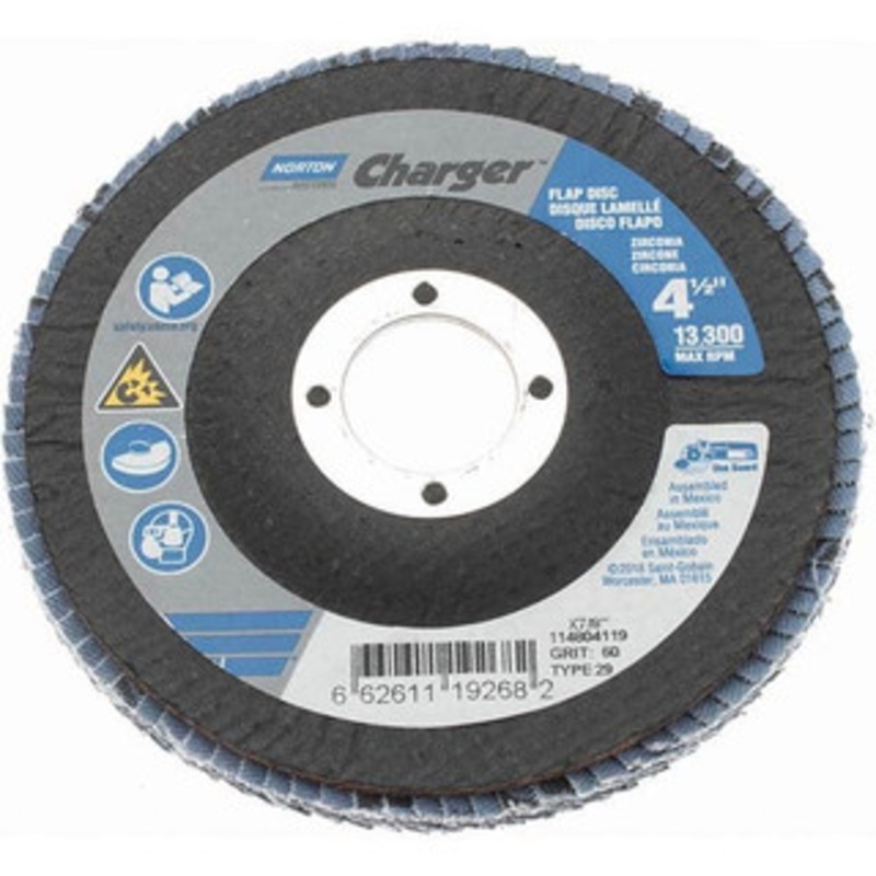 Norton 4-1/2 60 Grit 7/8 Center Hole Type 29 Zirconia Alumina Flap Disc Medium Grade, Coated, Arbor Attachment, Fiberglass Backing, 13,000 RPM 66261119268 – 04682936