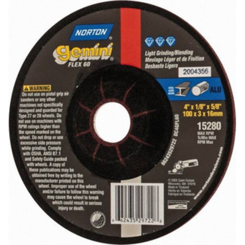 Norton 60 Grit, 4 Wheel Diam, 1/8 Wheel Thickness, 5/8 Arbor Hole, Type 27 Depressed Center Wheel Aluminum Oxide, 13,500 Max RPM 66243529722 – 58392168