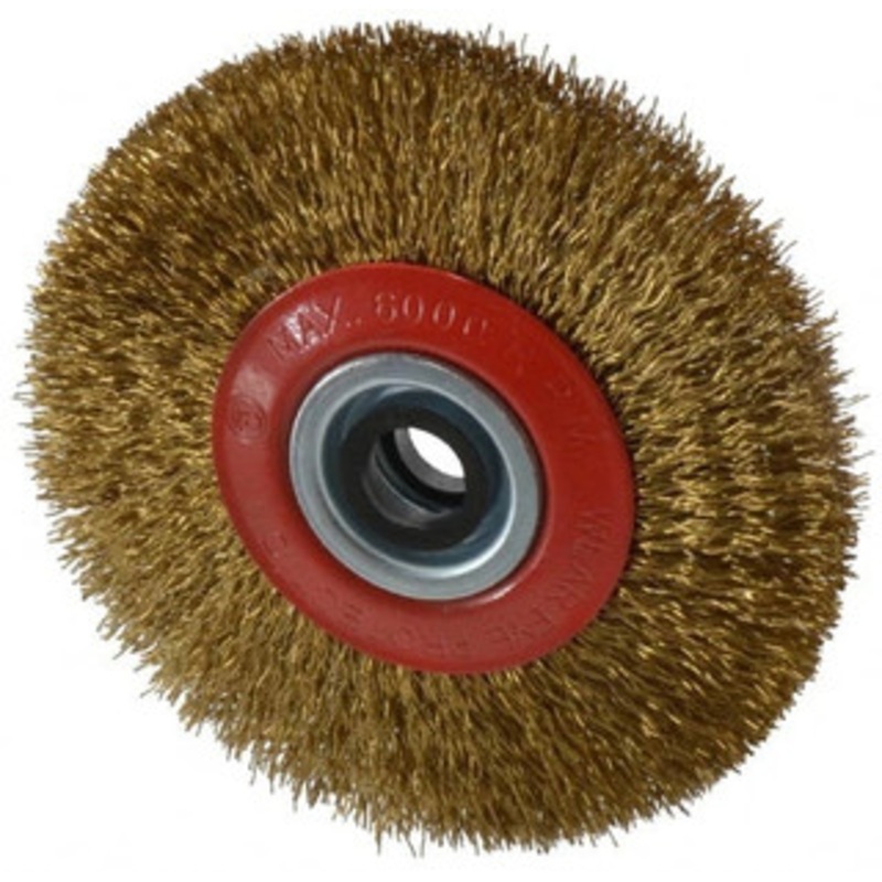 Value Collection 5 OD, 3/4 Arbor Hole, Crimped Brass-Coated Steel Wheel Brush 11/16 Face Width, 1-3/32 Trim Length, 0.014 Filament Diam, 6,000 RPM S04064606 – 04064606