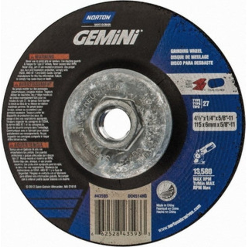 Norton 24 Grit, 4-1/2 Wheel Diam, 1/4 Wheel Thickness, Type 27 Depressed Center Wheel Aluminum Oxide, 13,580 Max RPM 66252843593 – 58392044