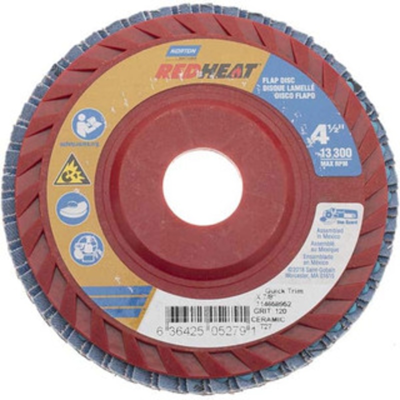 Norton 4-1/2 120 Grit 7/8 Center Hole Type 27 Ceramic Flap Disc Fine Grade, Coated, Arbor Attachment, Plastic Backing, 13,000 RPM 63642505279 – 06360713
