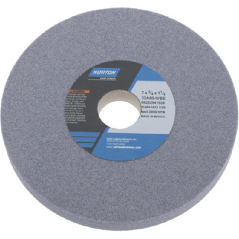 Norton 7 Diam x 1-1/4 Hole x 3/4 Thick, I Hardness, 60 Grit Surface Grinding Wheel Aluminum Oxide, Type 1, Medium Grade, 3,600 Max RPM, Vitrified Bond, No Recess 66252941938 – 05956628