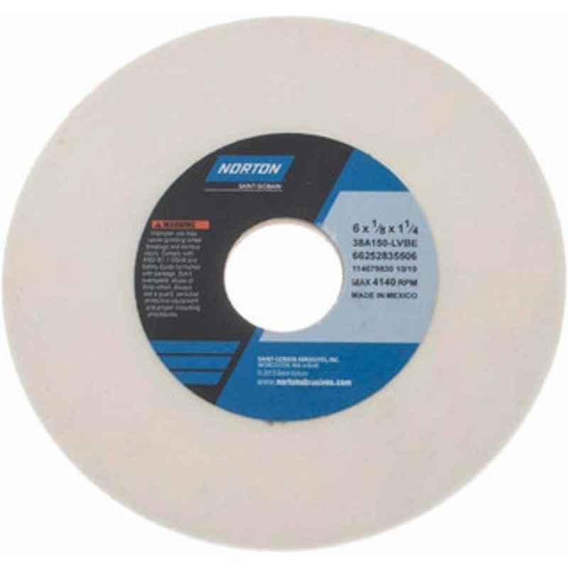 Norton 6 Diam x 1-1/4 Hole x 1/8 Thick, L Hardness, 150 Grit Surface Grinding Wheel Aluminum Oxide, Type 1, Very Fine Grade, 4,140 Max RPM, Vitrified Bond, No Recess 66252835506 – 04502613