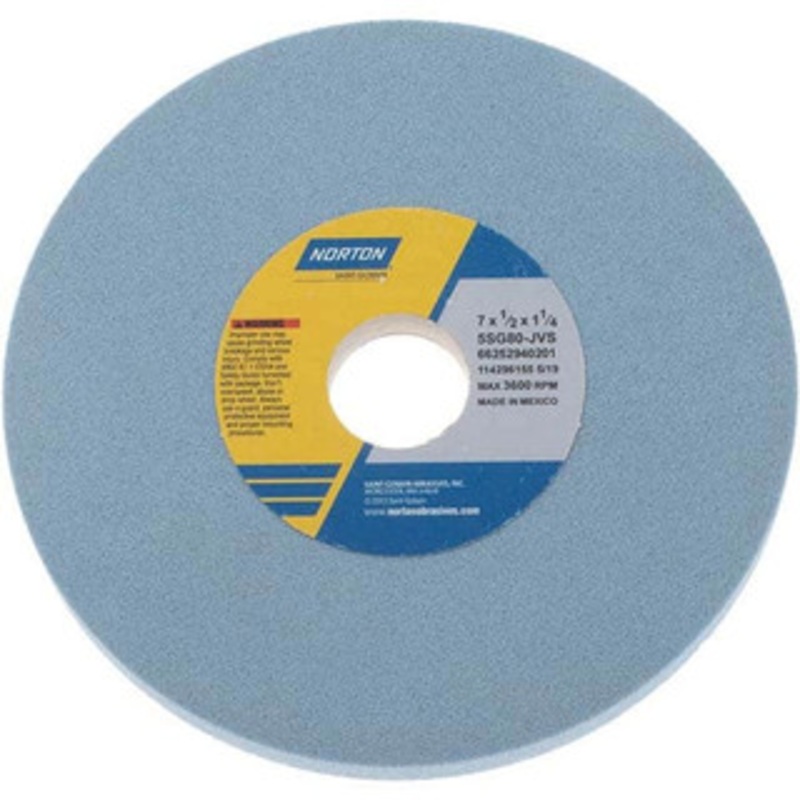 Norton 7 Diam x 1-1/4 Hole x 1/2 Thick, J Hardness, 80 Grit Surface Grinding Wheel Ceramic, Type 1, Medium Grade, 3,600 Max RPM, Vitrified Bond, No Recess 66252940201 – 01055391