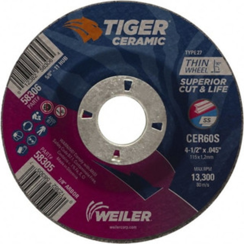 Weiler Abrasives 60 Grit, 4-1/2 Wheel Diam, 7/8 Arbor Hole, Type 27 Depressed Center Wheel Medium Grade, Ceramic, S Hardness, 13,300 Max RPM 58305 – 33838228