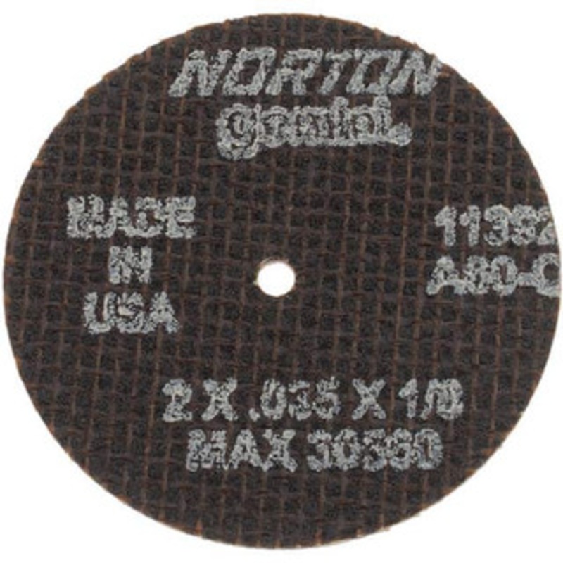 Norton 2 x 0.035, 1/8 Hole Aluminum Oxide Cutoff Wheel Reinforced, 30,560 Max RPM, Use with Die Grinders 66243411392 – 48464994