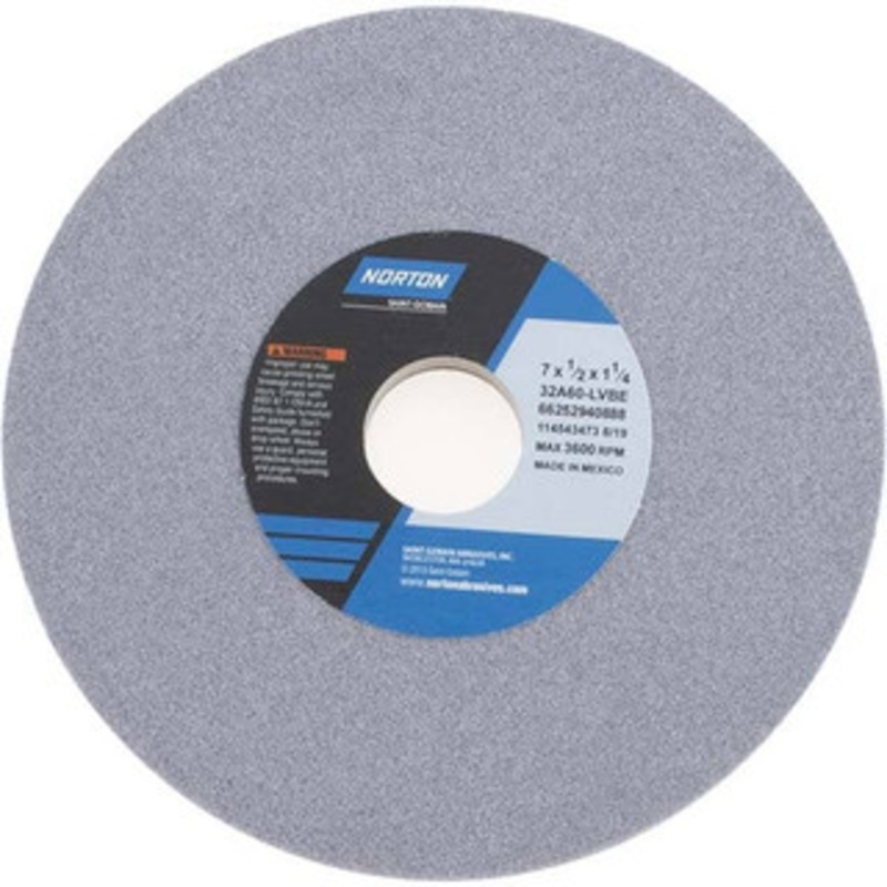 Norton 7 Diam x 1-1/4 Hole x 1/2 Thick, L Hardness, 60 Grit Surface Grinding Wheel Aluminum Oxide, Type 1, Medium Grade, 3,600 Max RPM, Vitrified Bond, No Recess 66252940888 – 94279379
