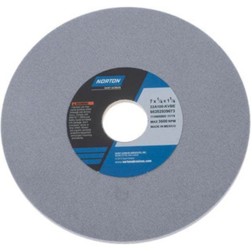 Norton 7 Diam x 1-1/4 Hole x 1/4 Thick, K Hardness, 100 Grit Surface Grinding Wheel Aluminum Oxide, Type 1, Fine Grade, 3,600 Max RPM, Vitrified Bond, No Recess 66252939673 – 01056332