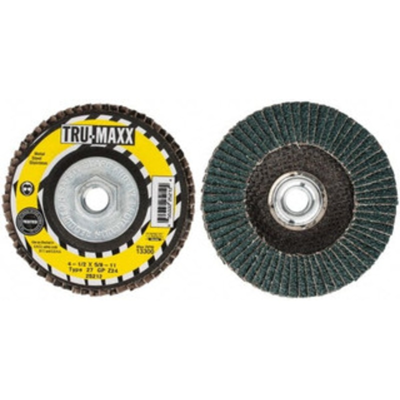 Tru-Maxx 4-1/2 24 Grit 5/8-11 Center Hole Type 27 Zirconia Alumina Flap Disc Very Coarse Grade, Coated, Arbor Attachment, 13,300 RPM 25212 – 40140162