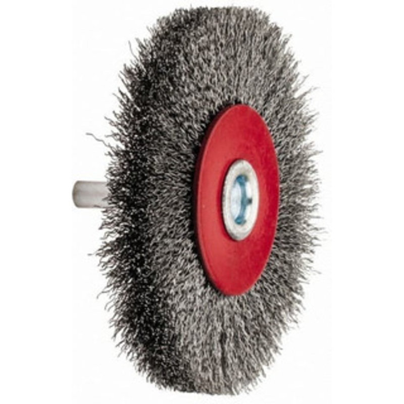 Value Collection 3-1/16 OD, 1/4 Shank Diam, Crimped Steel Wheel Brush 1/2 Face Width, 9/16 Trim Length, 0.008 Filament Diam, 12,000 RPM S00651604 – 00651604
