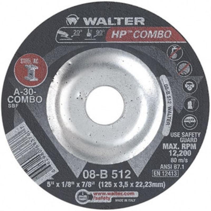 Walter Surface Technologies 30 Grit, 5 Wheel Diam, 1/8 Wheel Thickness, 7/8 Arbor Hole, Type 27 Depressed Center Wheel Aluminum Oxide, Resinoid Bond, 12,200 Max RPM 08B512 – 57818007