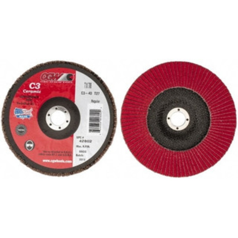 CGW Abrasives 7 40 Grit 7/8 Center Hole Type 27 Ceramic Flap Disc Coarse Grade, Coated, Arbor Attachment, Polyester Backing, 8,600 RPM 42802 – 63009922