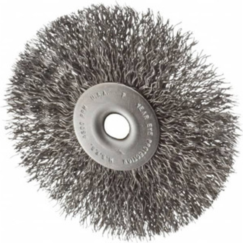 Made in USA 3-1/2 OD, 1/4 Shank Diam, Crimped Steel Wheel Brush 1/4 Face Width, 0.014 Filament Diam, 4,500 RPM PB84027 – 00354092