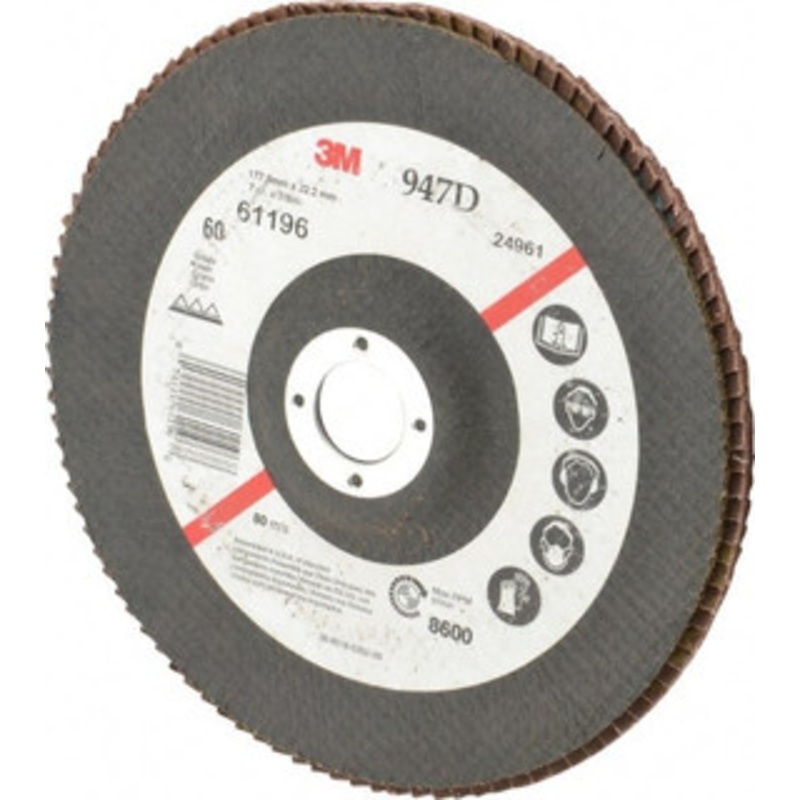 3M 7 60 Grit 7/8 Center Hole Type 27 Ceramic Flap Disc Medium Grade, Coated, Arbor Attachment, Cloth Backing, 8,600 RPM 7010325740 – 05072723