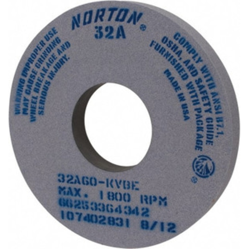 Norton 14 Diam x 5 Hole x 1-1/2 Thick, K Hardness, 60 Grit Surface Grinding Wheel Aluminum Oxide, Type 1, Medium Grade, 1,800 Max RPM, Vitrified Bond, No Recess 66253364342 – 98285687