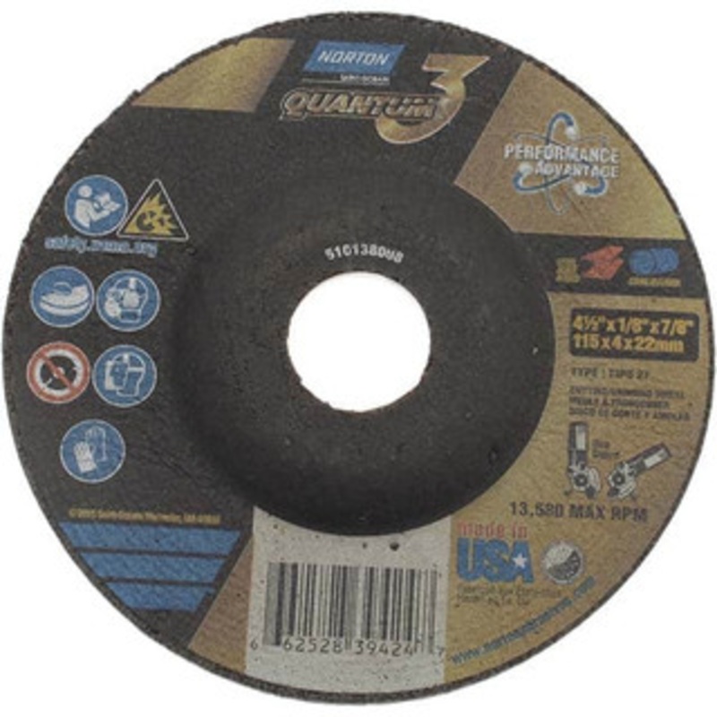 Norton 24 Grit, 4-1/2 Wheel Diam, 1/8 Wheel Thickness, 7/8 Arbor Hole, Type 27 Depressed Center Wheel Coarse Grade, Ceramic, Resinoid Bond, 13,580 Max RPM 66252839424 – 11712098