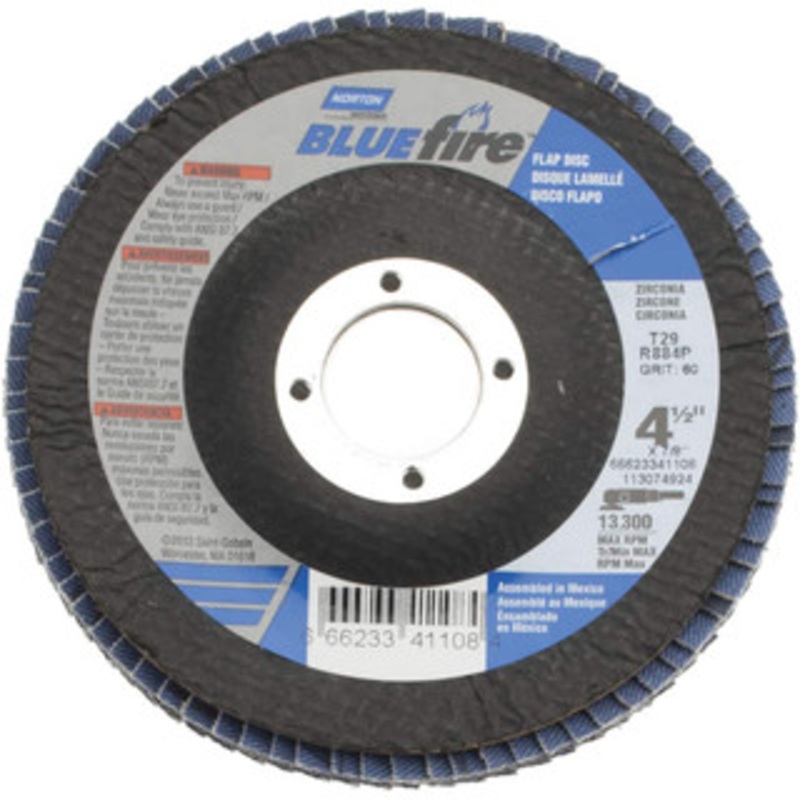 Norton 4-1/2 60 Grit 7/8 Center Hole Type 29 Zirconia Alumina Flap Disc Medium Grade, Coated, Arbor Attachment, Plastic Backing, 13,300 RPM 66623341108 – 69000586