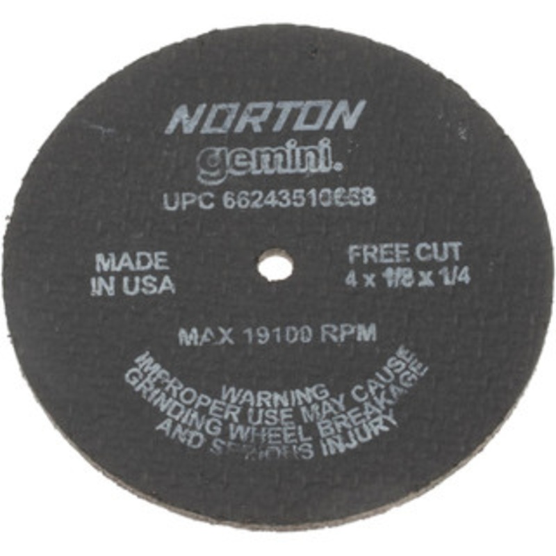 Norton 4 x 1/8, 1/4 Hole Aluminum Oxide Cutoff Wheel Reinforced, 19,100 Max RPM, Use with Die Grinders 66243510658 – 00466326