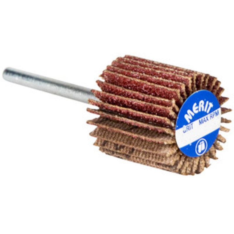 Merit Abrasives 1-3/16 Diam x 3/16 Face Width, Very Fine Aluminum Oxide Coated Mounted Flap Wheel 1/8 Shank Mount, 240 Grit, Cloth Backing, 30,000 Max RPM 08834137504 – 84400704