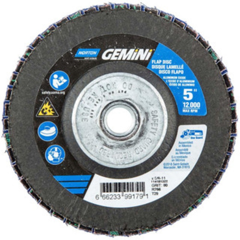 Norton 5 80 Grit 5/8-11 Center Hole Type 29 Ceramic Alumina Flap Disc Medium Grade, Coated, Arbor Attachment, Polyester Backing, 12,000 RPM 66623399179 – 30189583