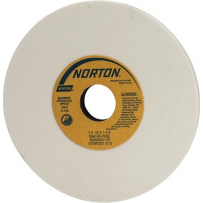 Norton 7 Diam x 1-1/4 Hole x 1/2 Thick, J Hardness, 150 Grit Surface Grinding Wheel Aluminum Oxide, Type 1, Very Fine Grade, 3,600 Max RPM, Vitrified Bond, No Recess 66252941179 – 01242387