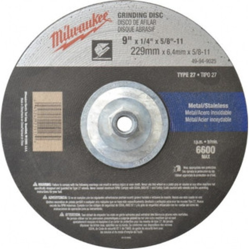 Milwaukee 24 Grit, 9 Wheel Diam, 1/4 Wheel Thickness, Type 27 Depressed Center Wheel Aluminum Oxide, Resinoid Bond, R Hardness, 6,600 Max RPM, Compatible with Angle Grinder 49-94-9025 – 89869648