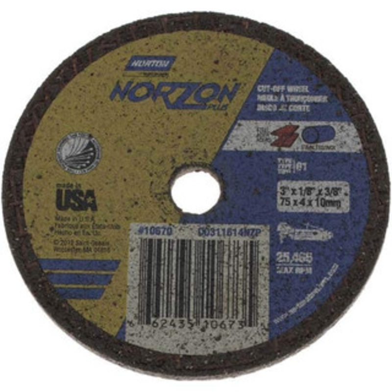 Norton 3 x 1/8, 3/8 Hole Ceramic Cutoff Wheel Reinforced, 25,465 Max RPM, Use with Die Grinders 66243510673 – 09772492