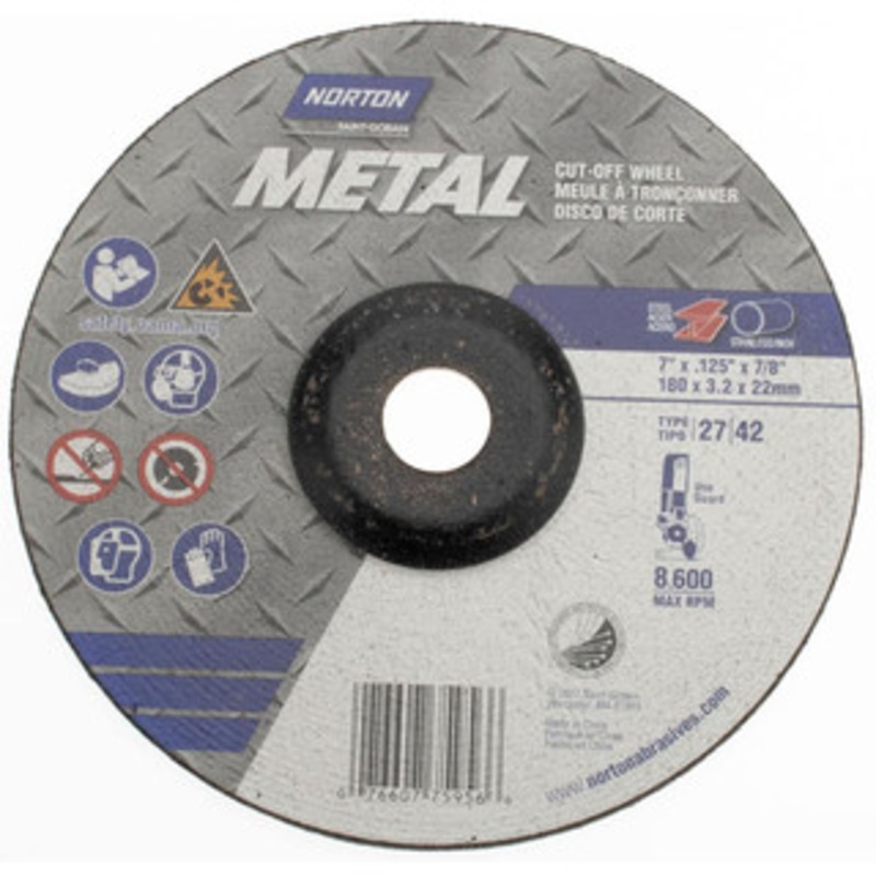 Norton 60 Grit, 7 Wheel Diam, 1/8 Wheel Thickness, 7/8 Arbor Hole, Type 27 Depressed Center Wheel Aluminum Oxide, 8,600 Max RPM, Compatible with Angle Grinder 07660775956 – 06115331