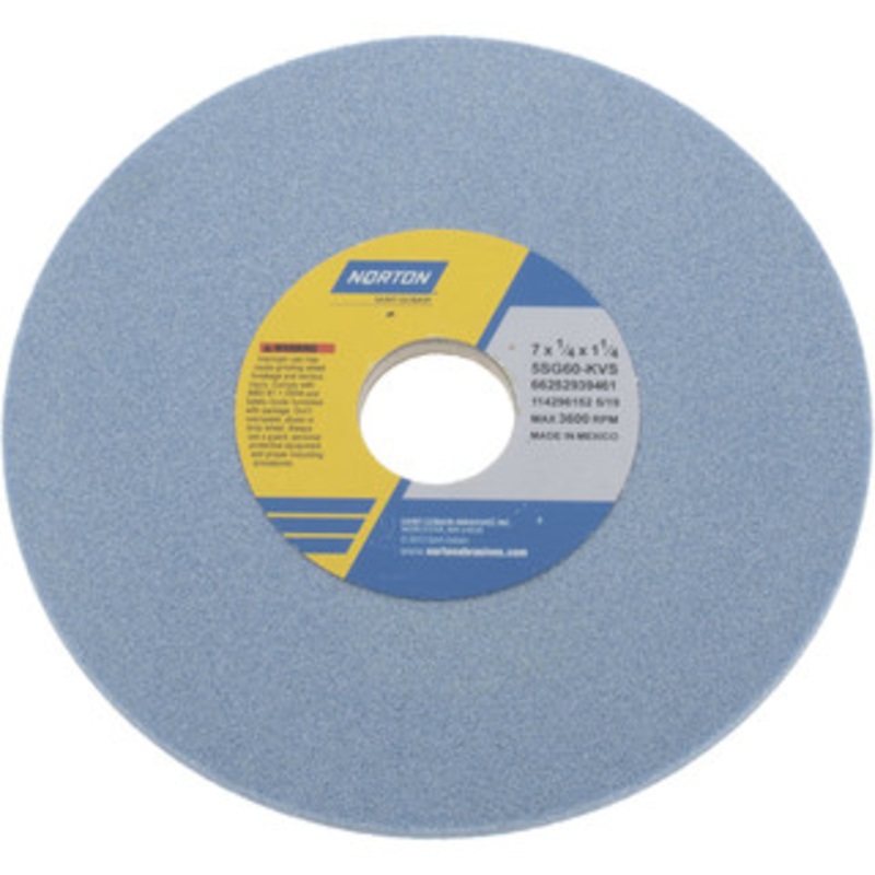 Norton 7 Diam x 1-1/4 Hole x 1/4 Thick, K Hardness, 60 Grit Surface Grinding Wheel Ceramic, Type 1, Medium Grade, 3,600 Max RPM, Vitrified Bond, No Recess 66252939461 – 05008453
