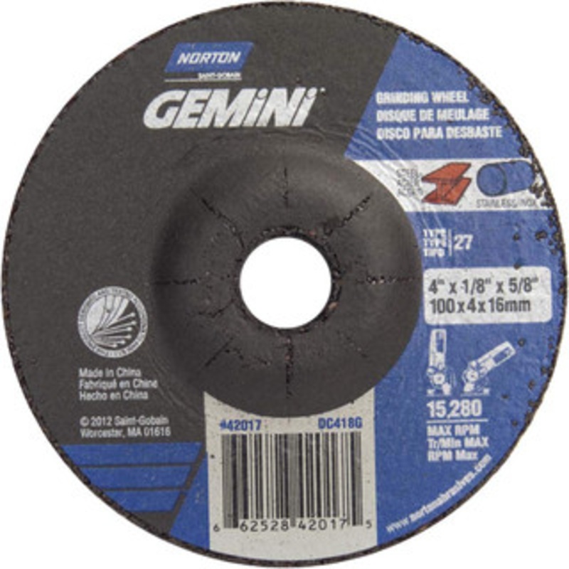 Norton 24 Grit, 4 Wheel Diam, 1/8 Wheel Thickness, 5/8 Arbor Hole, Type 27 Depressed Center Wheel Aluminum Oxide, 15,280 Max RPM 66252842017 – 58392705