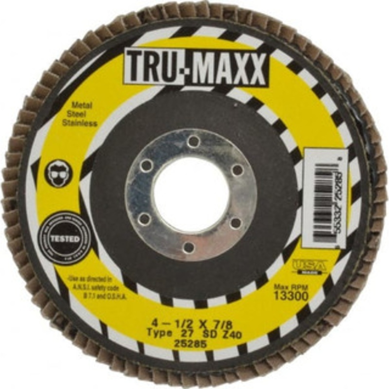 Tru-Maxx 4-1/2 40 Grit 7/8 Center Hole Type 27 Zirconia Alumina Flap Disc Coarse Grade, Coated, Arbor Attachment, 13,300 RPM 25285 – 86779881