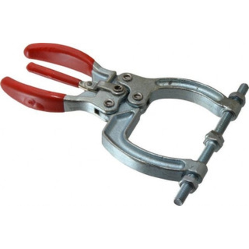 Destaco 2224.11 N Load Capacity, 1.83 Throat Depth, 5.52 OAL, Carbon Steel, C Style Plier Clamp 3.38 Max Jaw Capacity, M6x1 Spindle, 3.38 Open Throat Height, Red Handle, Spindle End 435 – 88137187