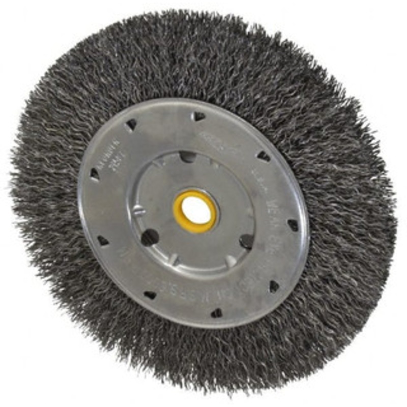 Osborn 6 OD, 1/2 & 5/8 Arbor Hole, Crimped Steel Wheel Brush 5/8 Face Width, 1-1/8 Trim Length, 0.014 Filament Diam, 6,000 RPM 0002140400 – 06081558