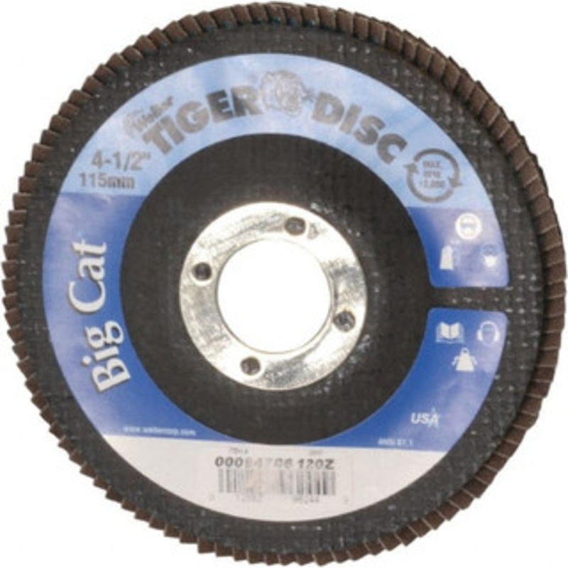 Weiler Abrasives 4-1/2 120 Grit 7/8 Center Hole Type 27 Zirconia Alumina Flap Disc Fine Grade, Coated, Arbor Attachment, Phenolic Backing, 12,000 RPM 96244 – 00094706