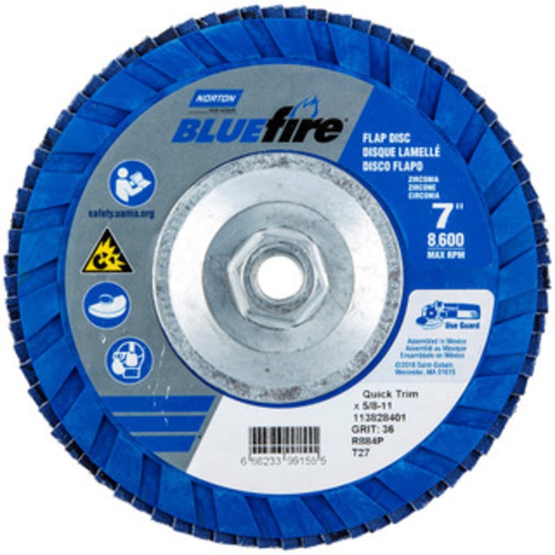 Norton 7 36 Grit 5/8-11 Center Hole Type 27 Zirconia Alumina Flap Disc Very Coarse Grade, Coated, Arbor Attachment, Cloth Backing, 8,600 RPM 66623399155 – 56275530