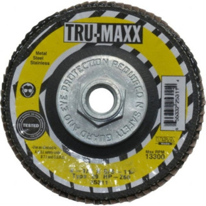 Tru-Maxx 4-1/2 60 Grit 5/8-11 Center Hole Type 29 Zirconia Alumina Flap Disc Medium Grade, Coated, Arbor Attachment, 13,300 RPM 25311 – 73224990
