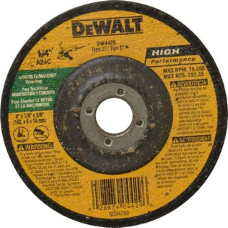 DeWALT 24 Grit, 4 Wheel Diam, 1/4 Wheel Thickness, 5/8 Arbor Hole, Type 27 Depressed Center Wheel Silicon Carbide, R Hardness, 13,500 Max RPM, Compatible with Angle Grinder DW4429 – 80485774