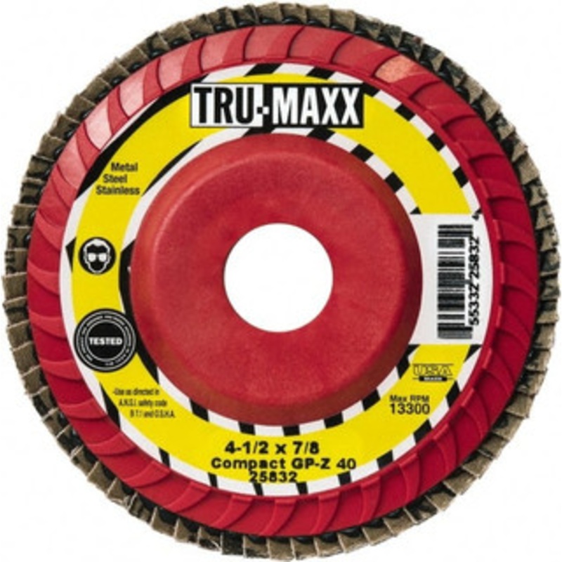 Tru-Maxx 4-1/2 80 Grit 5/8-11 Center Hole Compact Zirconia Alumina Flap Disc Fine Grade, Coated, Arbor Attachment, Polyester Backing, 13,300 RPM 25845 – 61161519