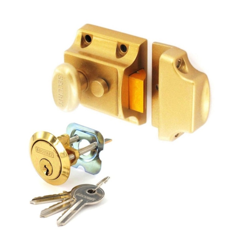 Securit Champagne finish nightlatch + Brass cylinder