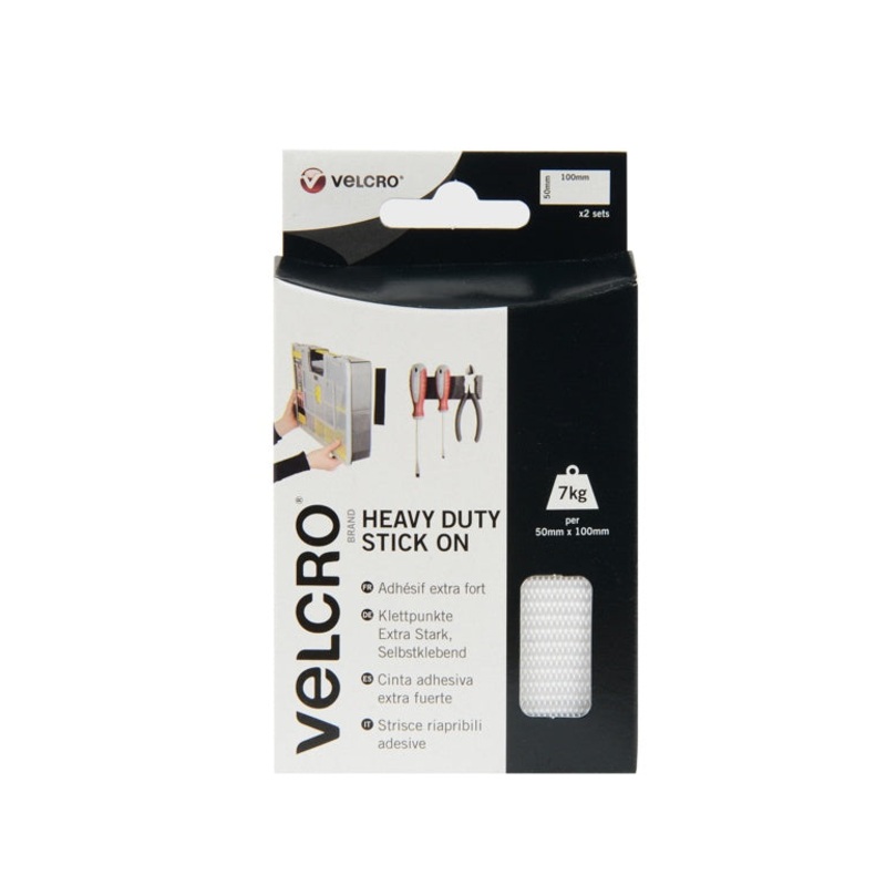 VELCRO Heavy Duty Stick On Strips  50mm x 100mm (2 Sets, White)