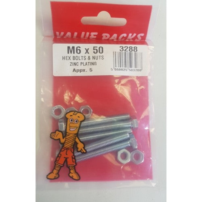 Fast Pak M6 X 50 HEX BOLTS & NUTS ZINC