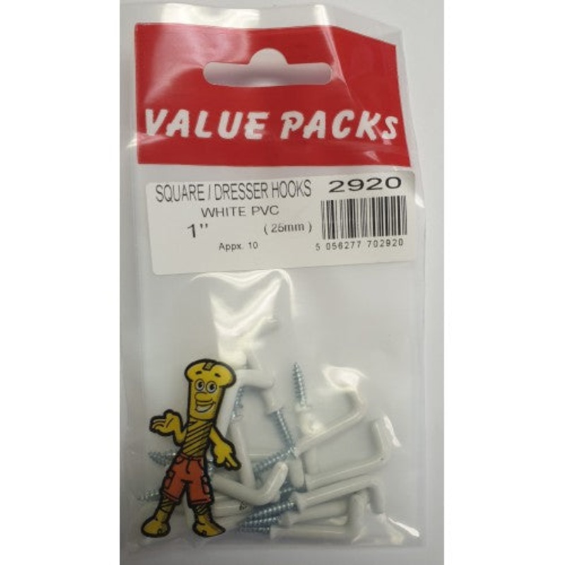 Fast Pak 1″ SQUARE PVC DRESSER HOOKS WHITE