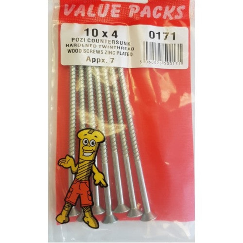 Fast Pak 10 X 4” POZI CSK HARDENED TWINTHREAD WOODSCREWS ZINC